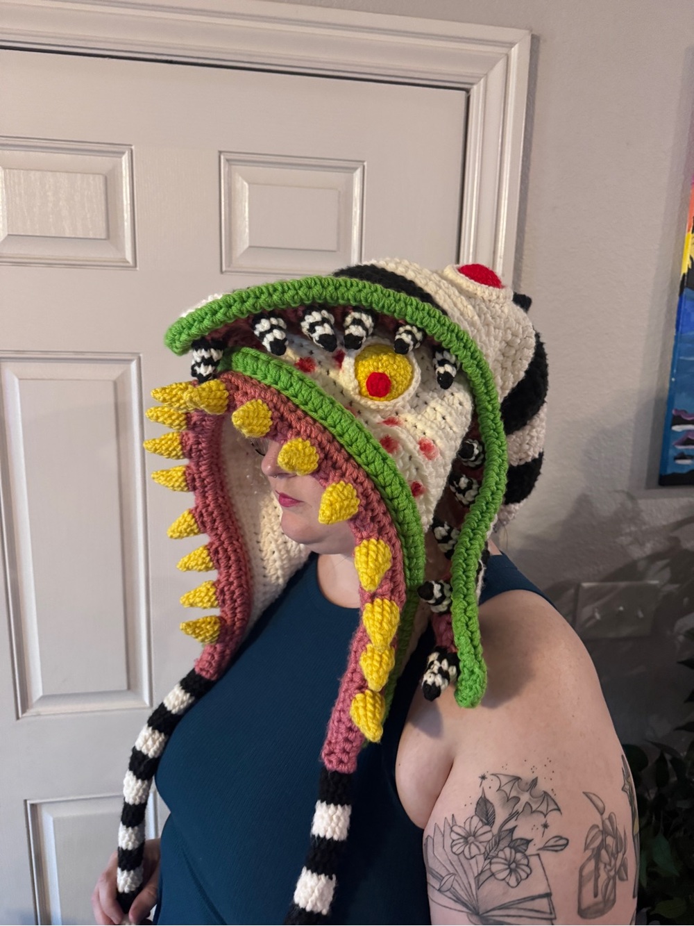 Handmade Black & White Striped Sandworm Crochet Hood - Picture 4 of 5